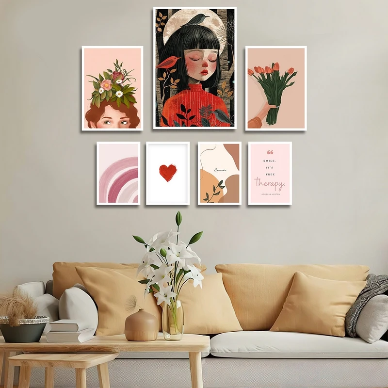 تابلو بکلیت طرح نقاشی چهره و قلب مدل شاین اکلیلی W-2354 فریم سفید مجموعه 7 عددی