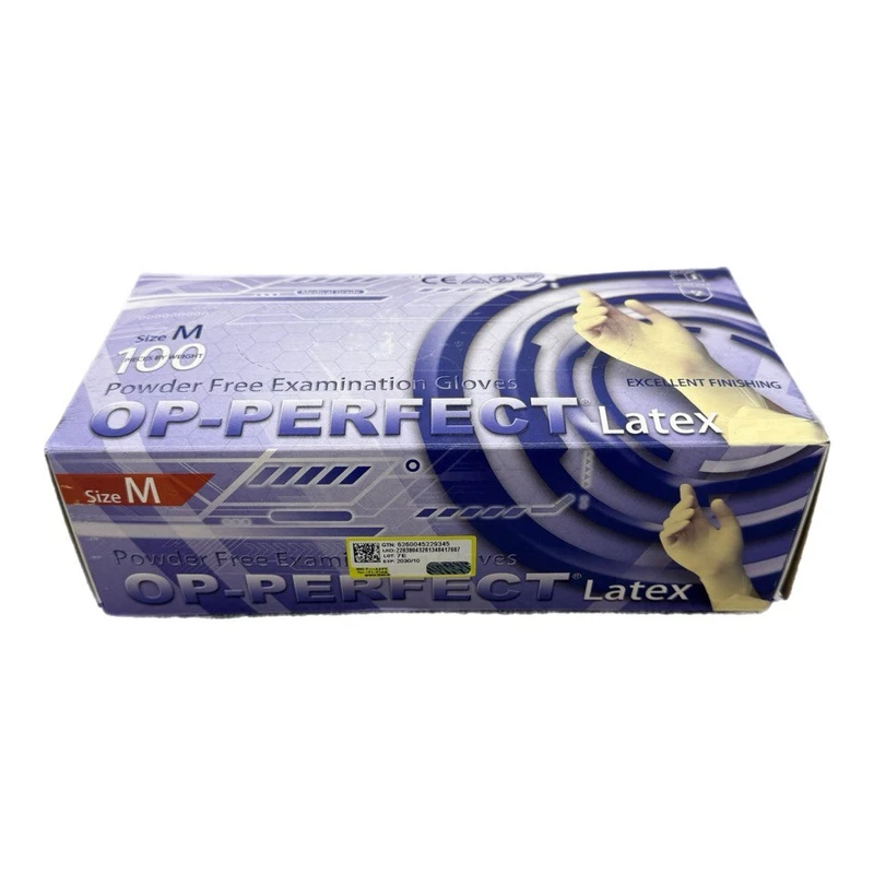 دستکش لاتکس غیر پودری حریر مدل OP-PERFECT سایز متوسط بسته 100 عددی