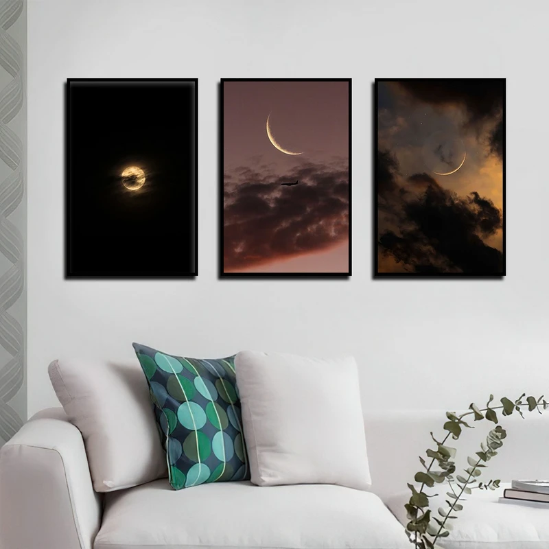 تابلو بکلیت طرح آسمان شب و ماه مدل B-4175 رنگ فریم مشکی مجموعه 3 عددی