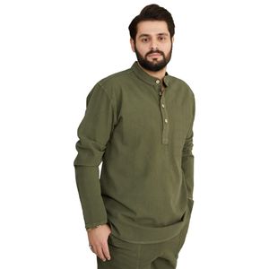 پیراهن آستین بلند مردانه مدل الیاف طبیعی چهار دکمه رنگ زیتونی