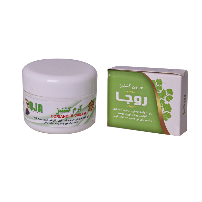 کرم مرطوب کننده روجا مدل گشنیز حجم 70 میلی لیتر به همراه صابون شستشو روجا مدل گشنیز وزن 20 گرم