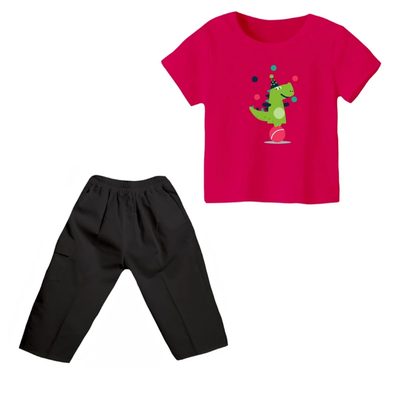 ست تی شرت و شلوارک پسرانه مدل دایناسور کد ۴ رنگ سرخابی