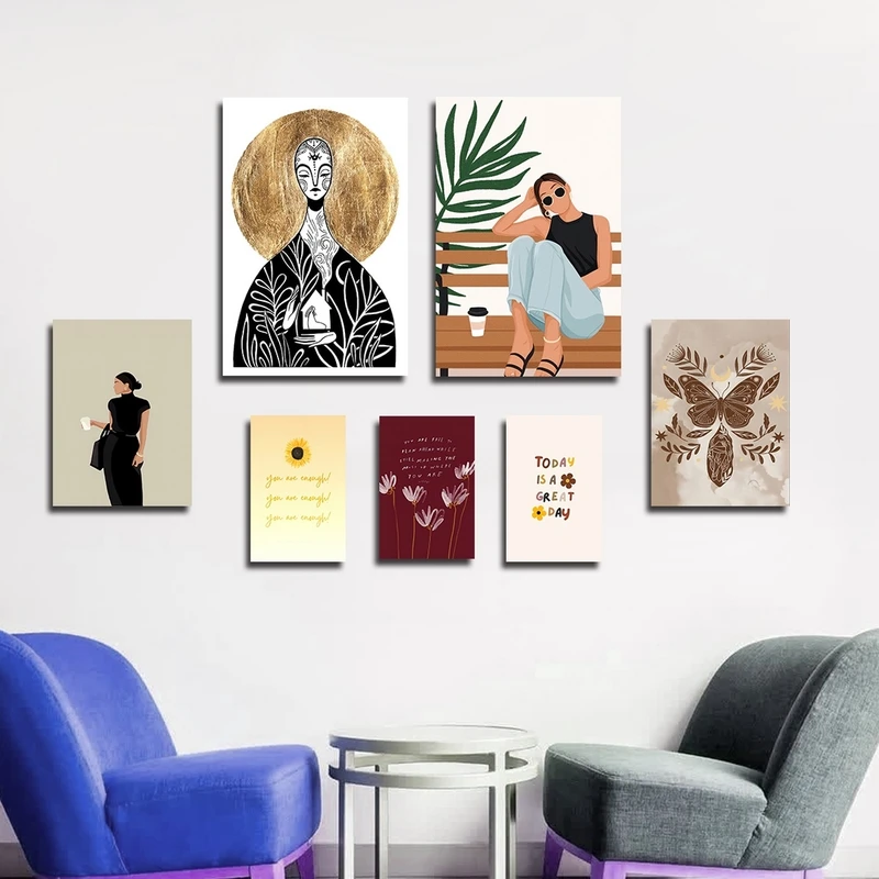 تابلو شاسی بکلیت طرح نقاشی مینیمال استایل و جمله انگیزشی مدل SH-2351 مجموعه 7 عددی