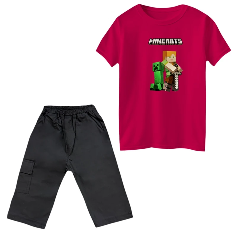 ست تی‌شرت و شلوارک پسرانه مدل ماینکرفت کد 5 رنگ سرخابی