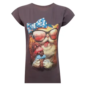 تی شرت آستین کوتاه زنانه مدل نخی ویسکوز چاپی گربه بستنی خور کد tm-2168 