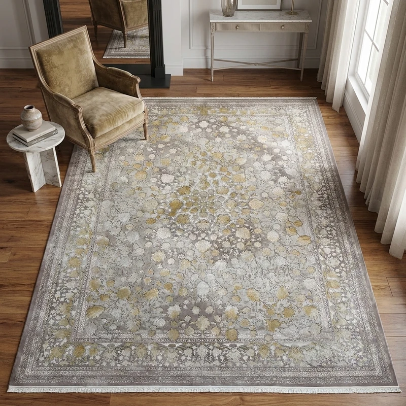 فرش ماشینی 1200 شانه 3600 تراکم لک لک نخ اکریلیک زمینه نقره ای حاشیه دودی نقره ای مدل 12130