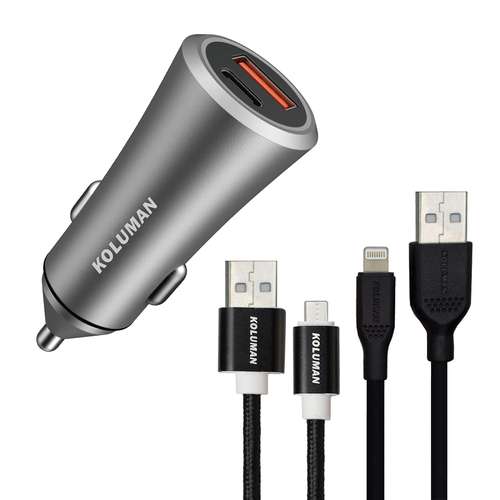 شارژر فندکی کلومن مدل KC - C03 به همراه کابل MICROUSB و لایتنینگ
