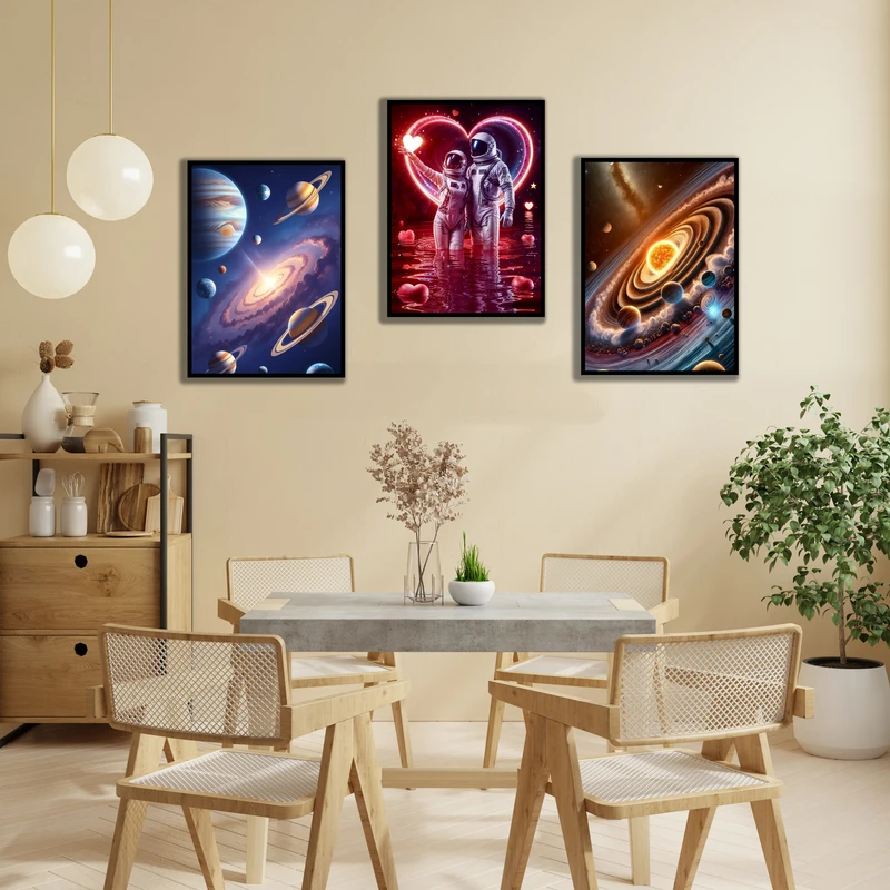 تابلو بکلیت مدل قاب شاسی طرح دکوراتیو فضانورد و کهکشان و منظومه شمسی کد B-MR-1082 مجموعه 3 عددی فریم مشکی