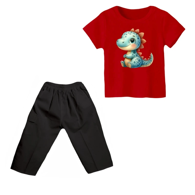 ست تی شرت و شلوارک پسرانه مدل دایناسور کد 23 رنگ قرمز