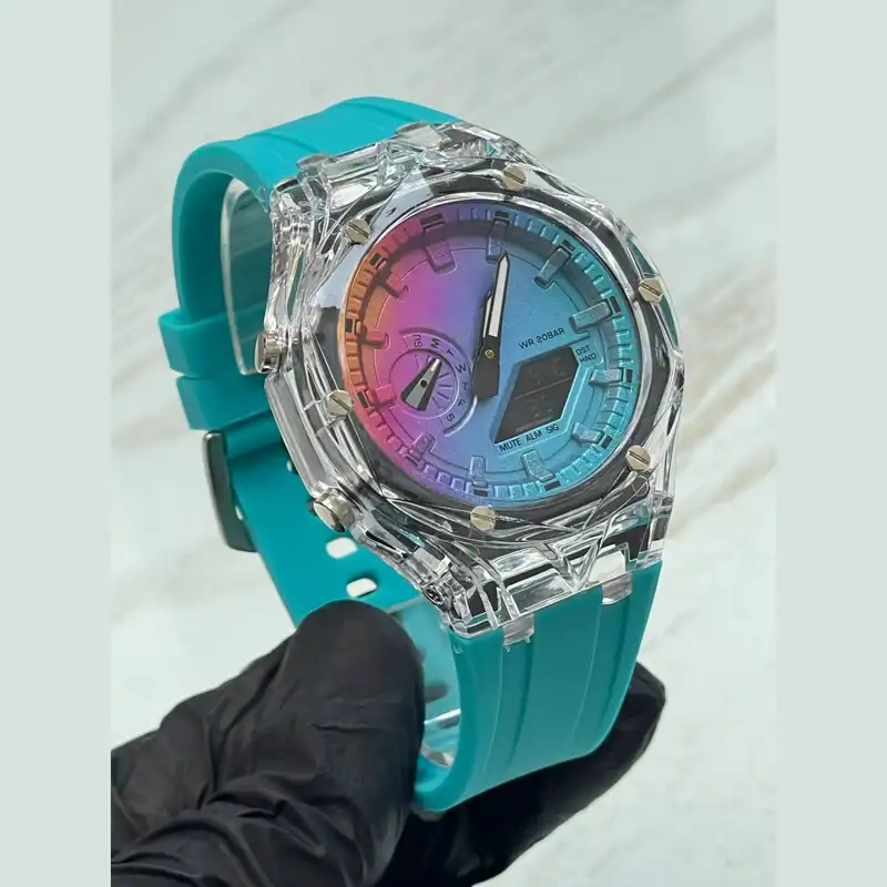 ساعت مچی عقربه ای مدل دو زمانه کرنومتردار بند سیلیکونی موتور پمپی کد 8