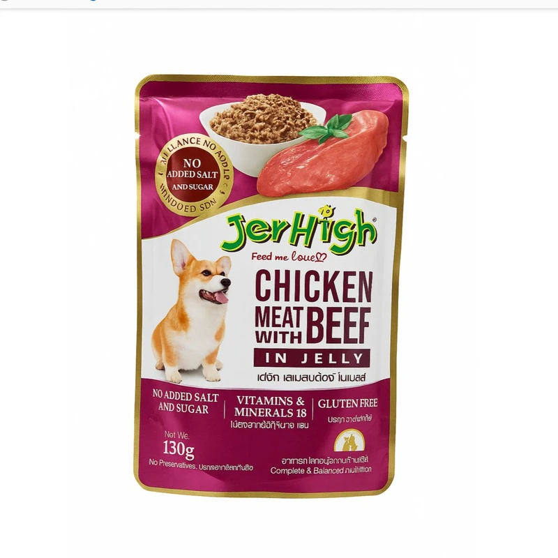 غذای پوچ سگ جرهای مدل Chicken with Beef In Jelly وزن 130 گرم