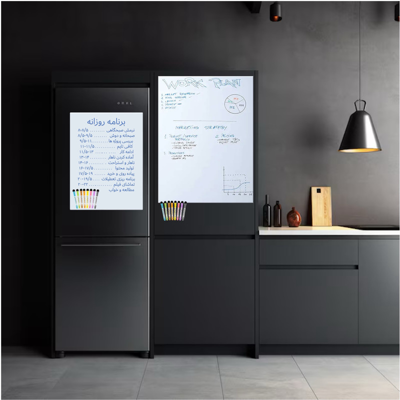 تخته وایت برد هوم اند فریج مدل 12 سایز 60x40 سانتی متر به همراه ماژیک و تخته پاک کن مجموعه 12 عددی