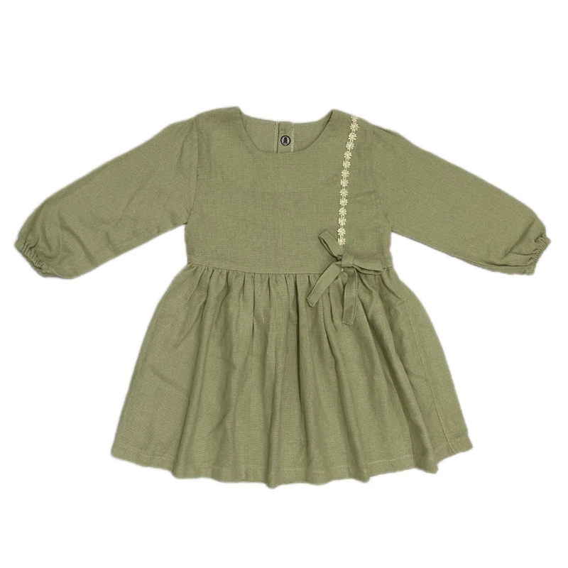 پیراهن آستین بلند یقه گرد دخترانه مدل حصیری پاپیون دار