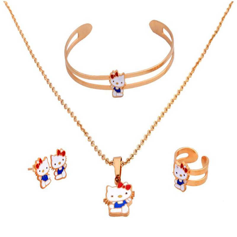ست بچه گانه استیل طرح کیتی شامل گردنبند دستبند گوشواره و انگشتر مدل Z-1016