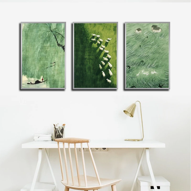 تابلو بکلیت طرح نقاشی طبیعت و دشت مدل SI-3495 فریم نقره ای مجموعه 3 عددی