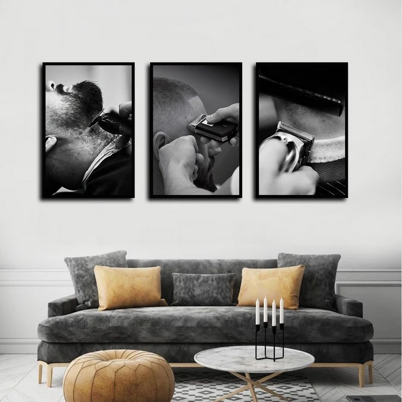 تابلو بکلیت طرح آرایشگاه مردانه مدل B-4199 رنگ فریم مشکی مجموعه 3 عددی