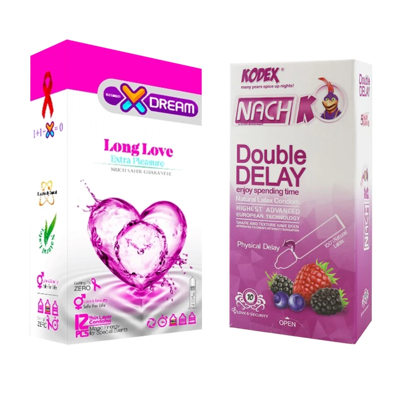 کاندوم ایکس دریم مدل Long Love بسته 12 عددی به همراه کاندوم تاخیری کدکس مدل Double Delay بسته 10 عددی