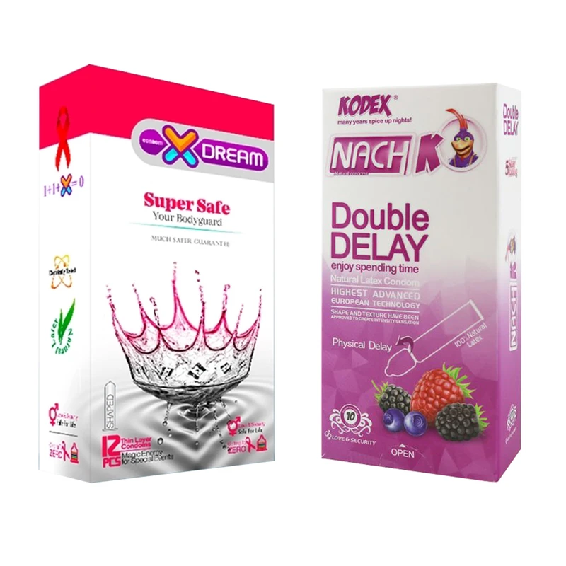 کاندوم ایکس دریم مدل Super Safe بسته 12 عددی به همراه کاندوم تاخیری کدکس مدل Double Delay بسته 10عددی