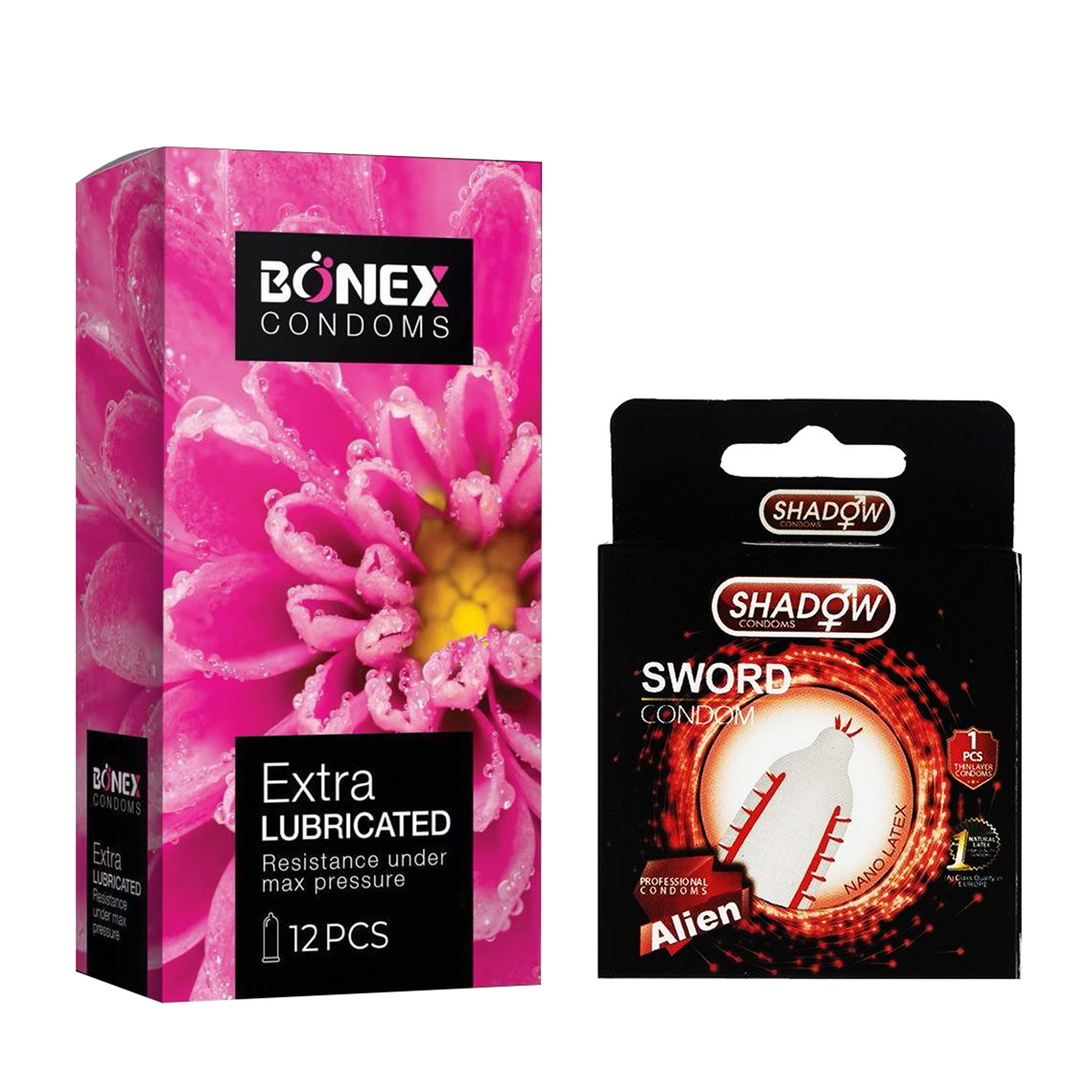 کاندوم بونکس مدل Extra Lubricated بسته 12 عددی به همراه کاندوم شادو مدل Sword