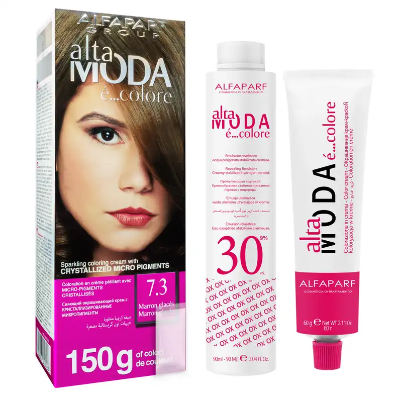 کیت رنگ مو آلتا مودا شماره 7.3 وزن 150 گرم رنگ بلوند طلایی متوسط