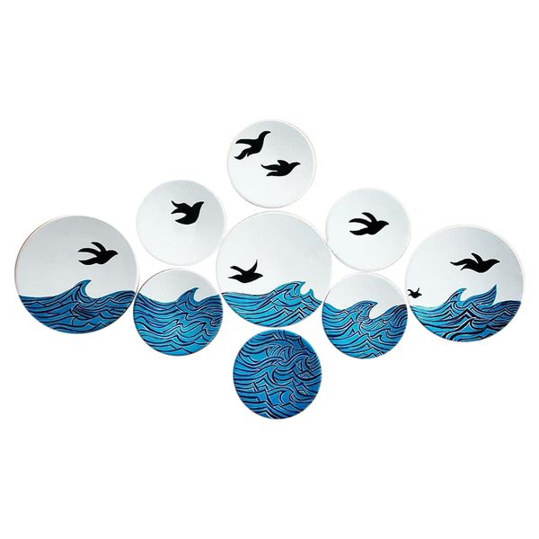 بشقاب دیوارکوب سفالی طرح دریا کد D113-A مجموعه 9 عددی