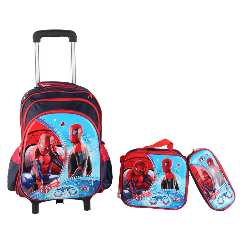 کوله پشتی چرخ دار طرح مرد عنکبوتی کد 6705 به همراه کیف غذا و جامدادی