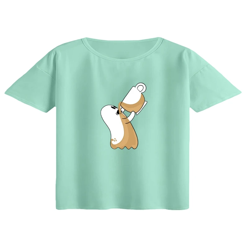 کراپ تی‌شرت آستین کوتاه زنانه مدل روح قهوه خور رنگ سبز روشن