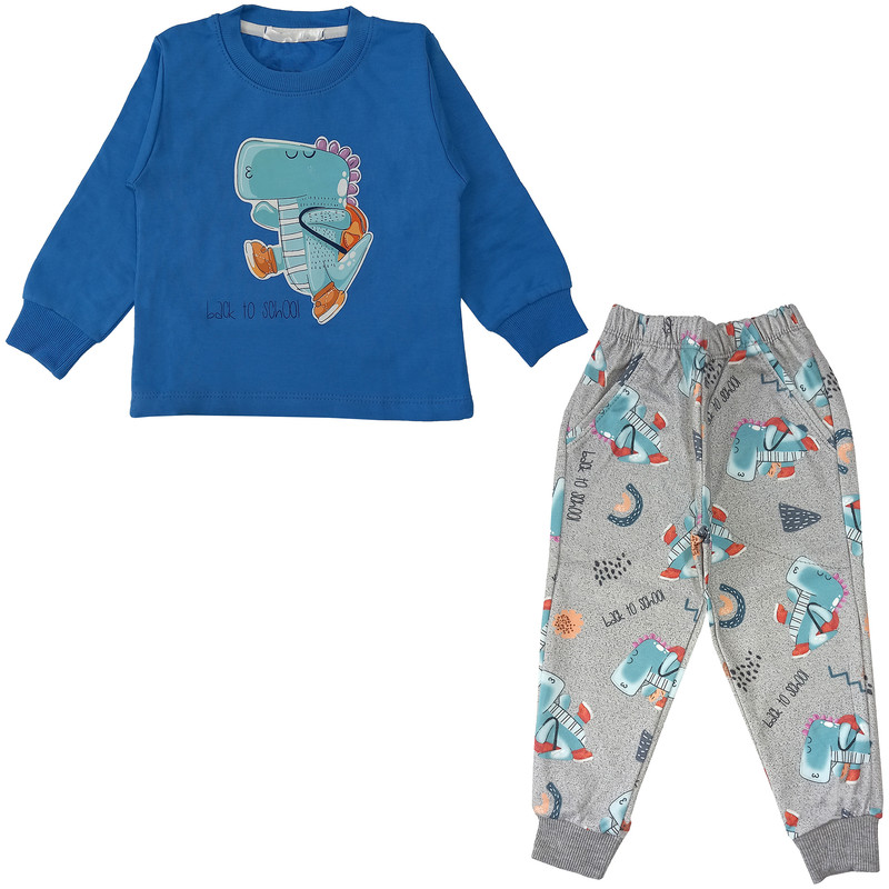 ست تی شرت و شلوار پسرانه مدل دایناسور دانش آموز کد 3613 رنگ آبی نفتی