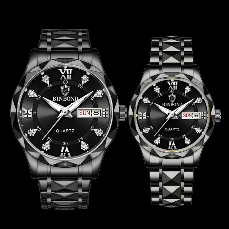 ست ساعت مچی عقربه‌ای کوارتز زنانه و مردانه بین باند مدل تک موتور طرح الماسی کد 101