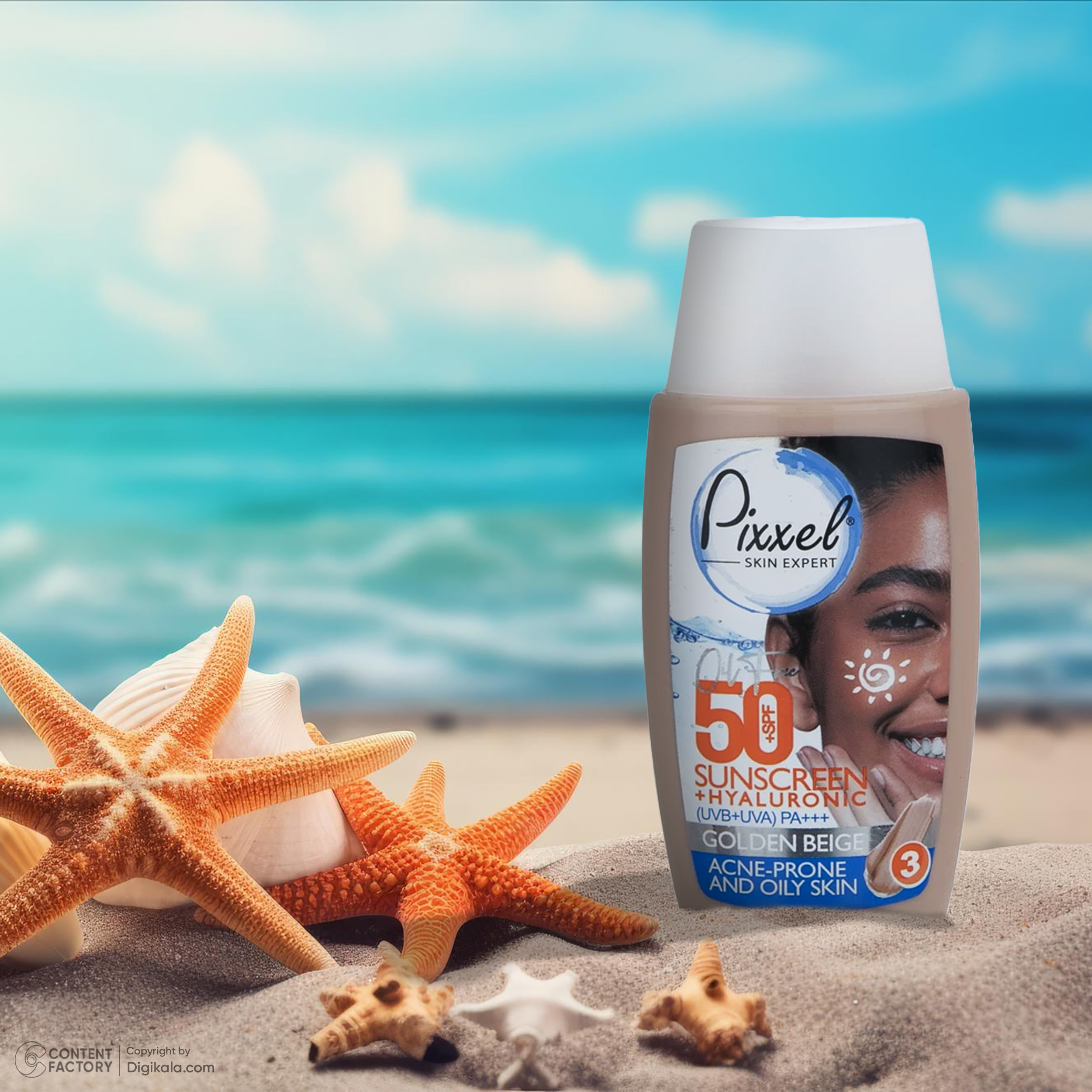 کرم ضد آفتاب رنگی پیکسل، SPF 50، مدل GOLDEN BEIGE، مناسب پوستهای آکنهدار و چرب با تنالیته تیره و حجم 50 میلیلیتر، محافظتکننده در برابر اشعههای UVA و PA ،UVB+++، ضد جوش و آکنه، دارای فرمولاسیون فاقد چربی و هیالورونیک اسید، با ماندگاری 2 ساعته