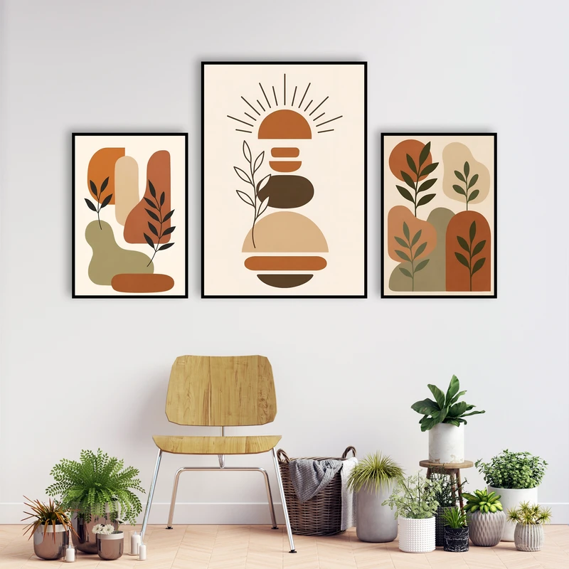 تابلو بکلیت مدل قاب شاسی طرح دکوراتیو مینیمال و هنری گل و برگ کد B-MR-1120  فریم مشکی مجموعه 3 عددی