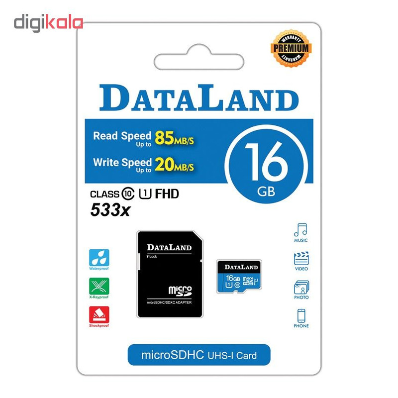 کارت حافظه microSDHC دیتالند مدل 533x کلاس 10 استاندارد UHS-I U1 سرعت 85MBps ظرفیت 16 گیگابایت همراه با آداپتور SD