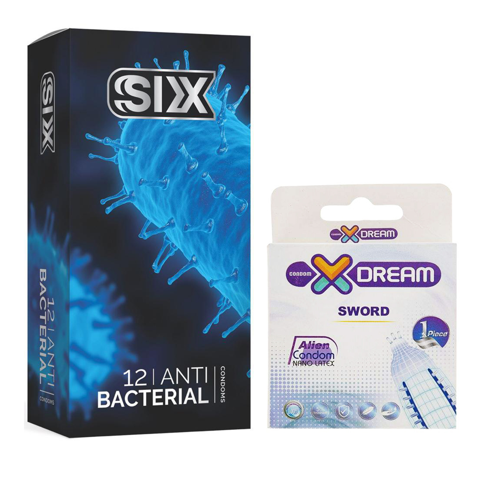 کاندوم سیکس مدل Anti Bacterial بسته 12 عددی به همراه کاندوم ایکس دریم مدل Sword