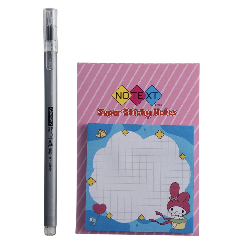 کاغذ یادداشت چسب دار مدل کرومی کد 02 سایز 7×7 سانتی متر  به همراه روان نویس بسته 45 عددی