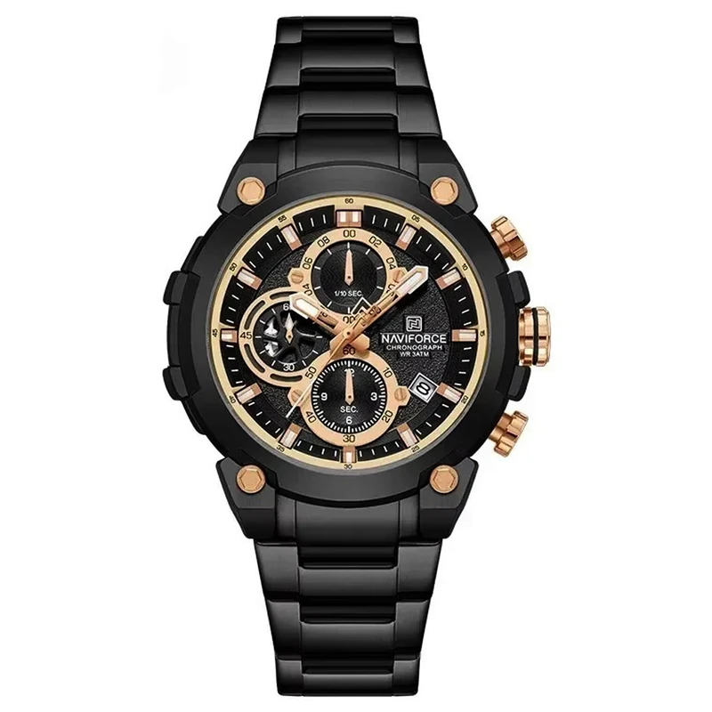 ساعت مچی عقربه‌ای کوارتز مردانه نیوی فورس مدل بندفلزی سه موتور کد NF 8071 BGB 186