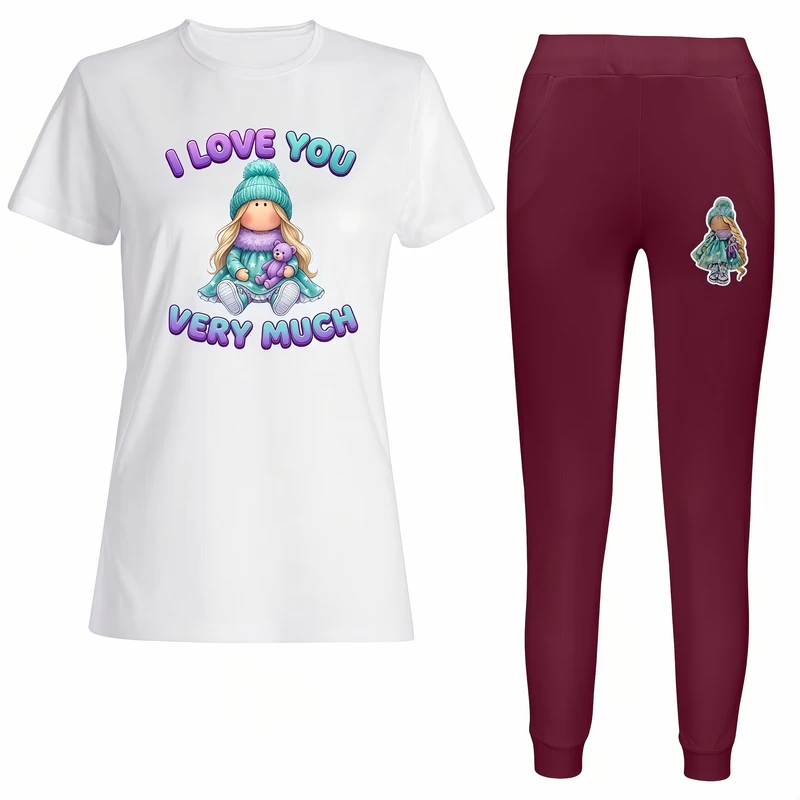 ست تی‌شرت آستین کوتاه و شلوار راحتی زنانه مدل عروسک طرح I LOVE YOU