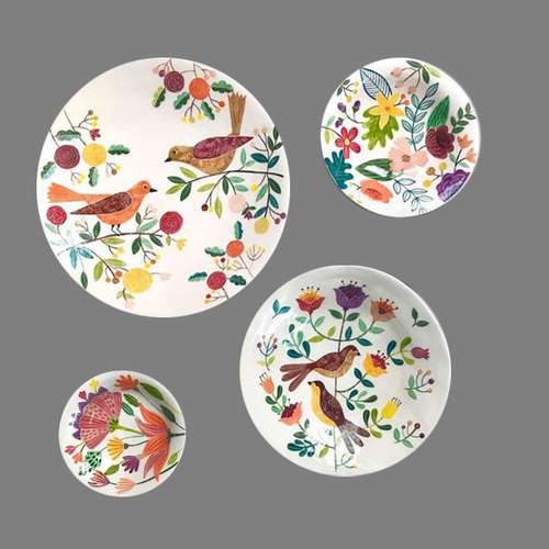 بشقاب دیوارکوب سفالی طرح گل و بلبل مجموعه 4 عددی