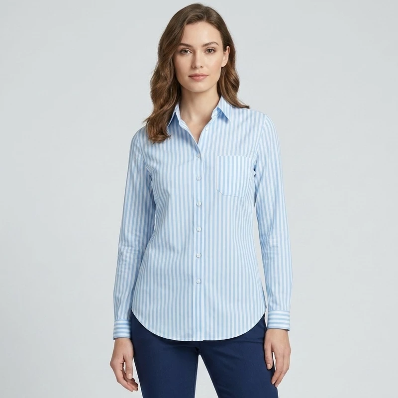 شومیز آستین بلند یقه برگردان زنانه مدل Chemise-Stripes/Blue-01