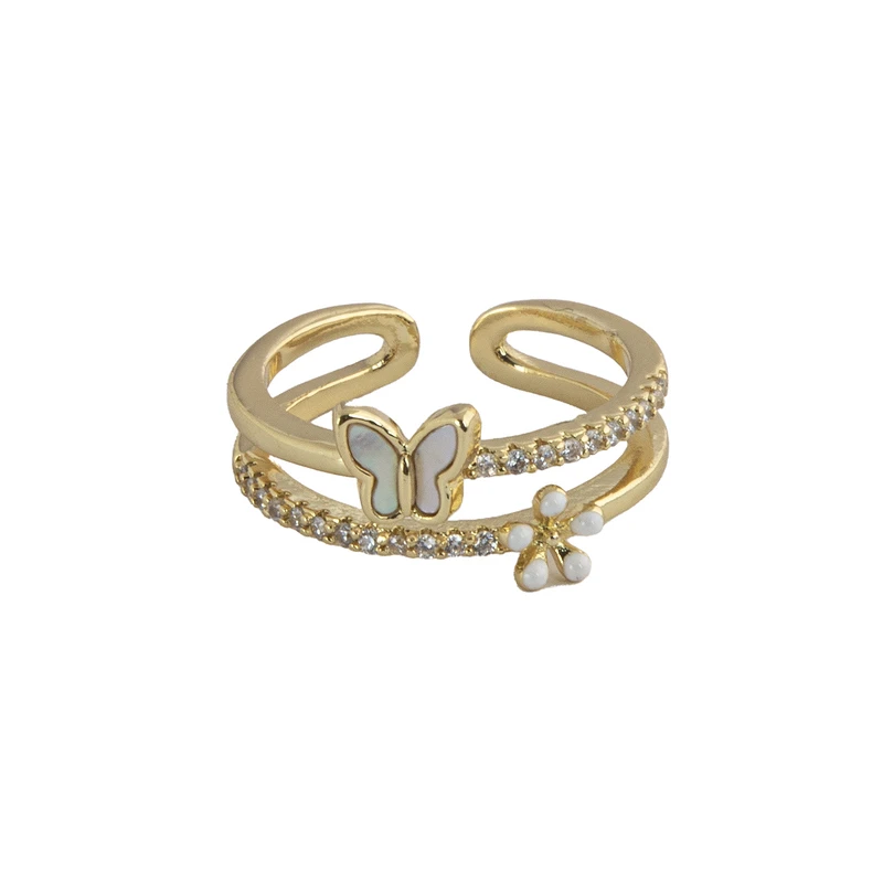 انگشتر زنانه مدل دولاین گل و پروانه نگین دار کد 1130051