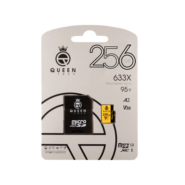 کارت حافظه Micro SD XC کوئین تک مدل A2-V30-633X کلاس 10 استاندارد UHS-l U3 سرعت 95MBps ظرفیت 256 گیگابایت به همراه آداپتور SD