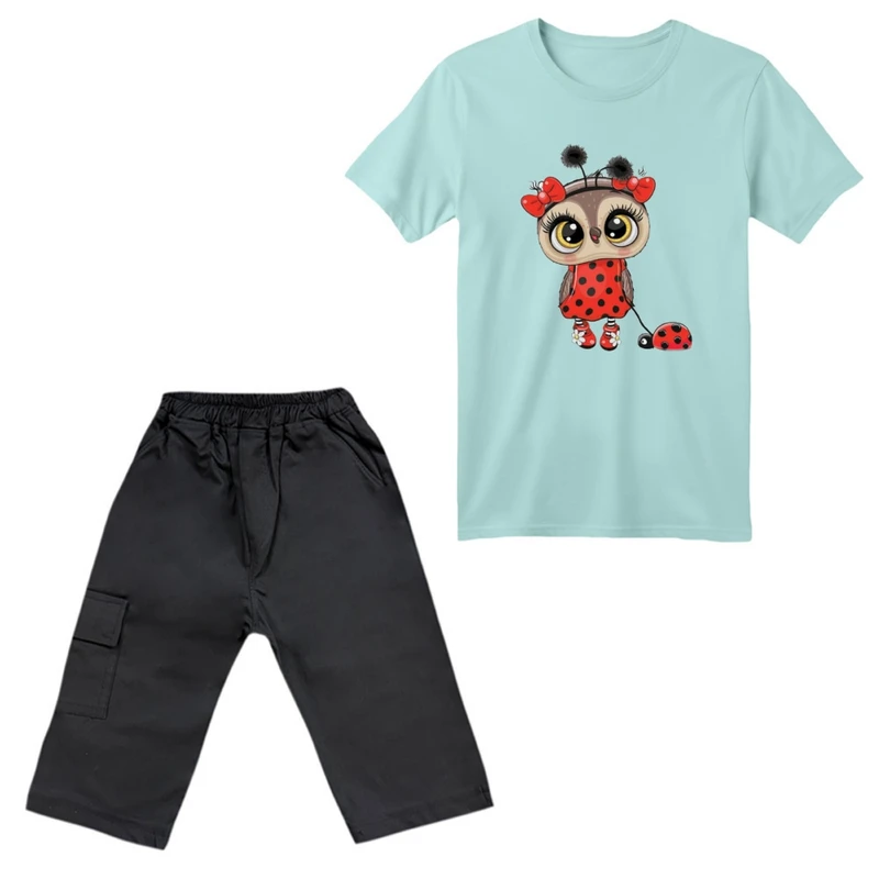 ست تی‌شرت آستین کوتاه و شلوارک دخترانه مدل جغد کد ۱ رنگ آبی روشن