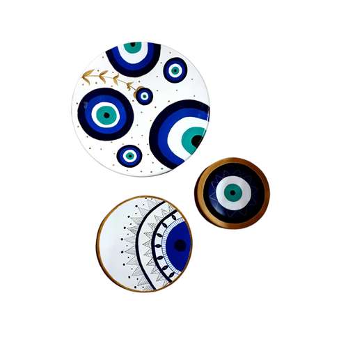 بشقاب دیوارکوب سفالی طرح چشم نظر کد 0003 مجموعه 3 عددی