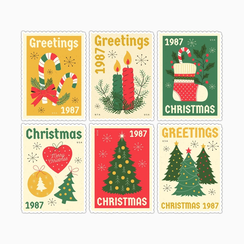 استیکر لپ تاپ و موبایل بووم طرح تمبر کریسمس مدل Retro کد MD15 مجموعه 6 عددی