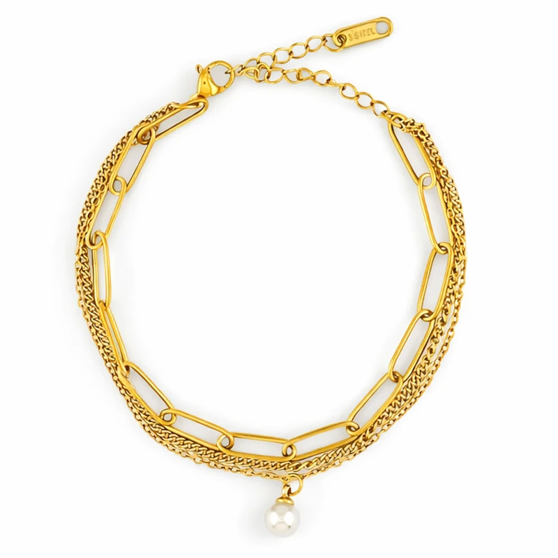 دستبند زنجیری زنانه مدل دو لاین ترکیبی طرح مروارید کد 02