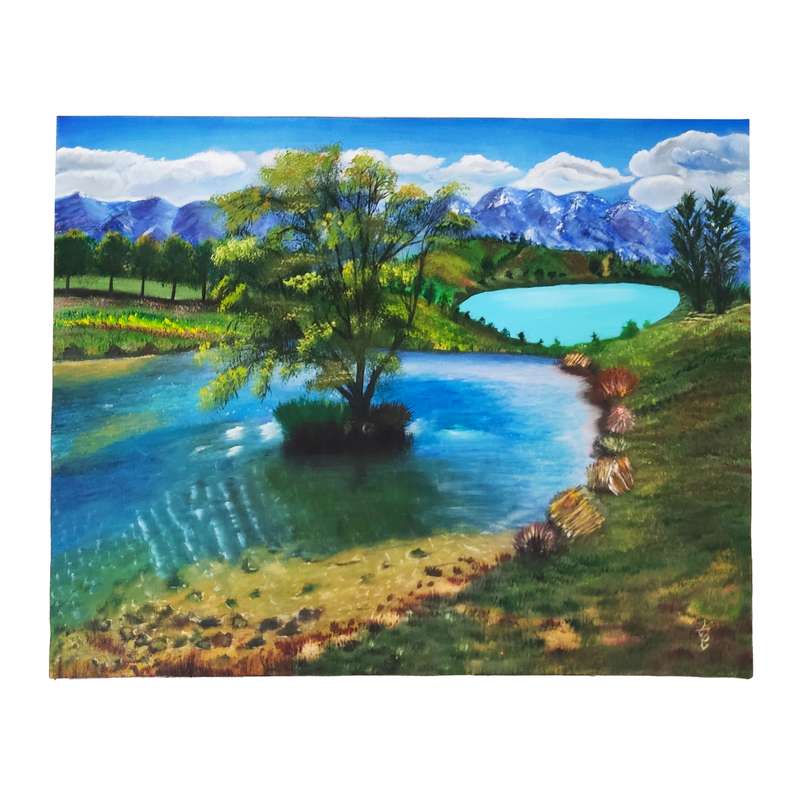 تابلو نقاشی رنگ روغن مدل درخت و دریاچه کد MRd253