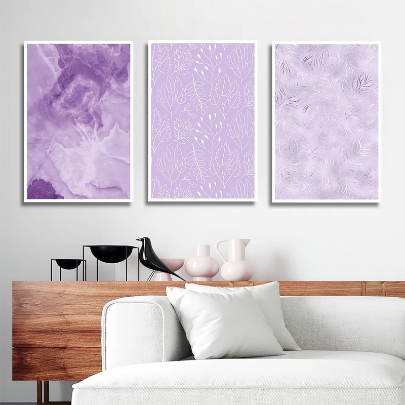 تابلو بکلیت طرح آبرنگی بنفش و برگ مدل W-2827 مجموعه 3 عددی
