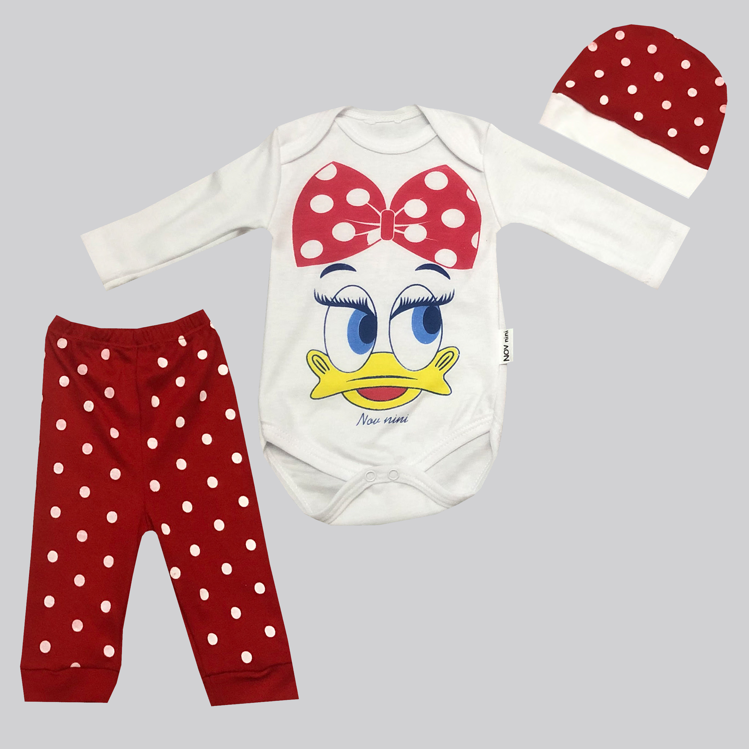 نقد و بررسی ست 3 تکه لباس نوزادی نوونینی مدل اردک رنگ قرمز توسط خریداران