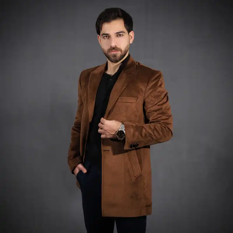 پالتو مردانه مدل مخمل LO یقه بلیزر رنگ شتری