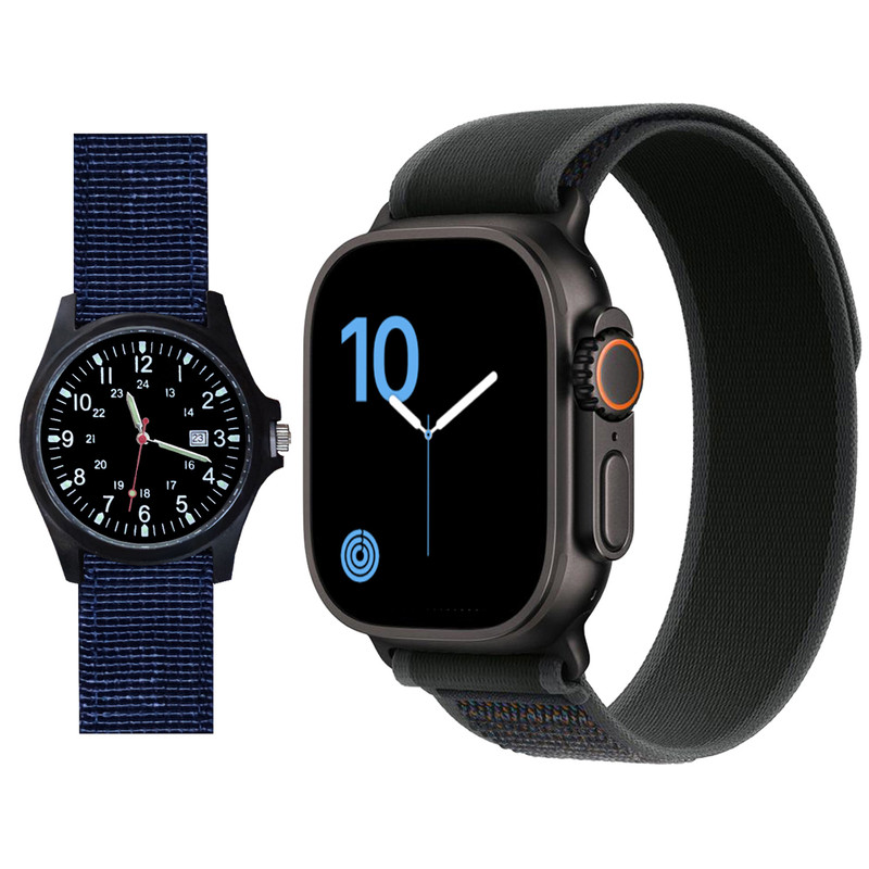 ساعت هوشمند 2.02 اینچی ویکتوری مدل WATCH 9 ULTRA 2 با بند پارچه ای به همراه ساعت مچی