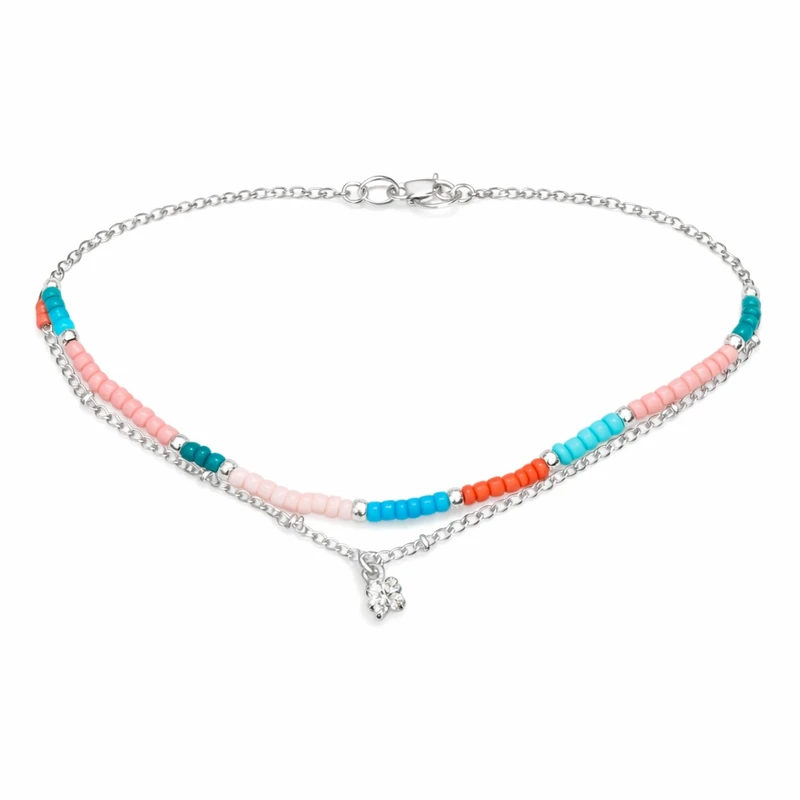 پابند زنانه مدل زنجیری دولایه نگین رنگی و زنجیری